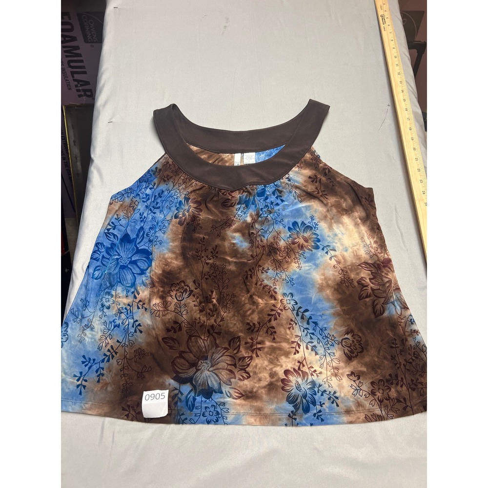 Sami + Jo Womens Large Blue Brown Tie Dye Floral Sleeveless Blouse Scoop Neck